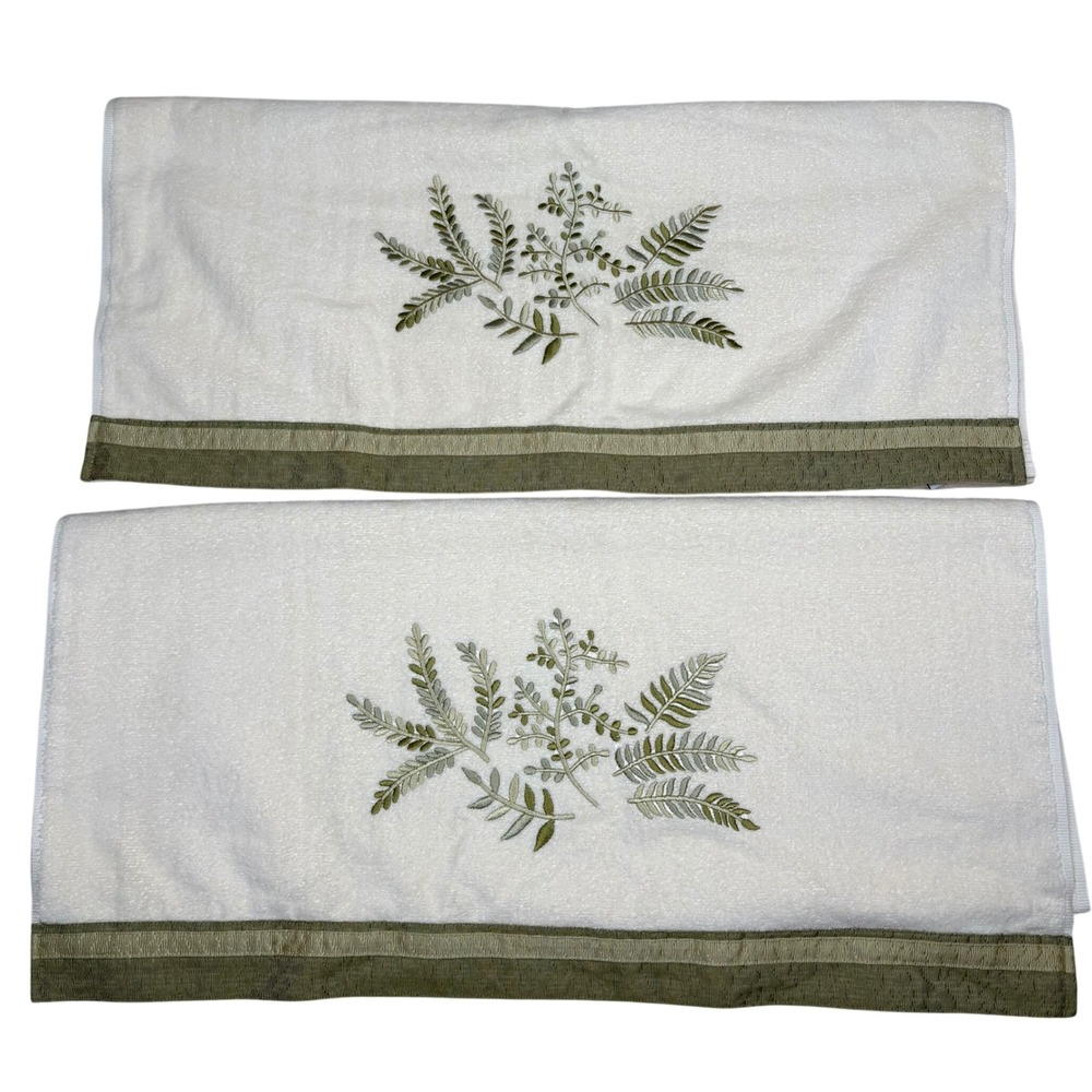 Avanti Linens Bath Towels Embroidered‎ Fern Leaves Cotton Set 2 Cream Sage Green